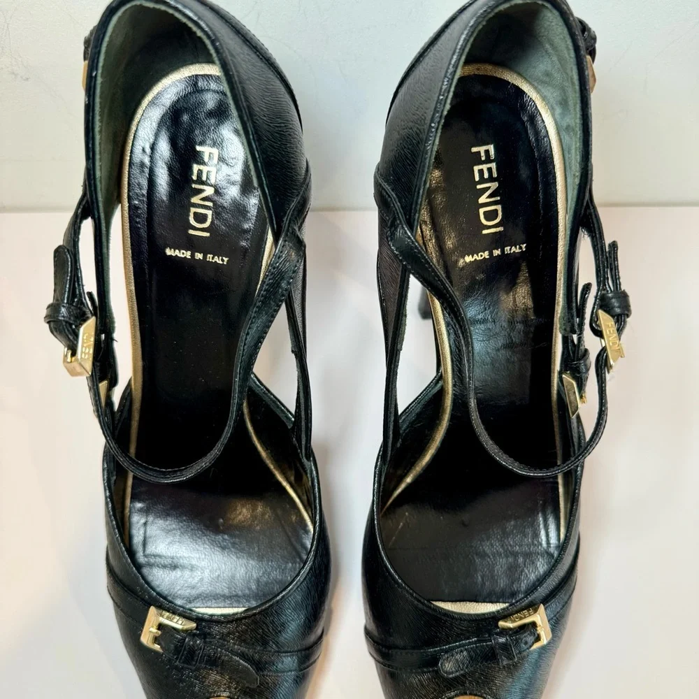 Fendi Black Leather Peep Toe D’Orsay Pumps W Gold Buckle Accents, Size 39